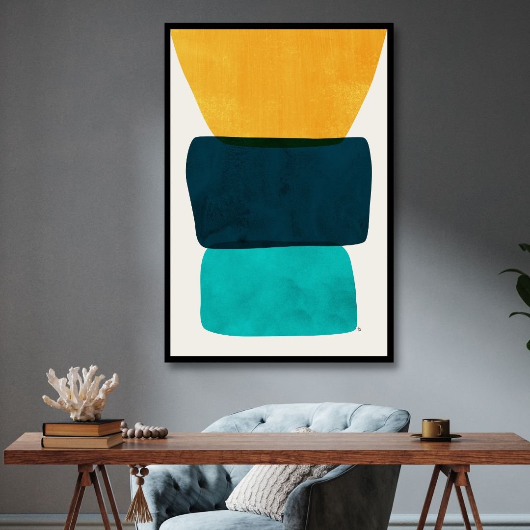 Vibrant Abstract Oil Painting with Yellow, Blue, and Green Geometric Shapes