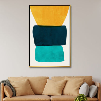 Vibrant Abstract Oil Painting with Yellow, Blue, and Green Geometric Shapes