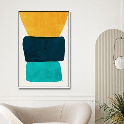 Vibrant Abstract Oil Painting with Yellow, Blue, and Green Geometric Shapes