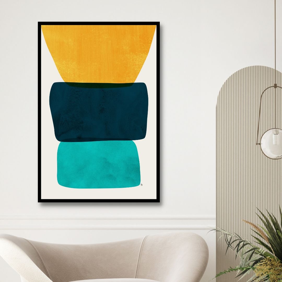 Vibrant Abstract Oil Painting with Yellow, Blue, and Green Geometric Shapes