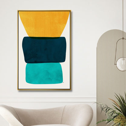 Vibrant Abstract Oil Painting with Yellow, Blue, and Green Geometric Shapes