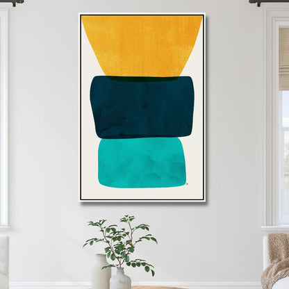 Vibrant Abstract Oil Painting with Yellow, Blue, and Green Geometric Shapes