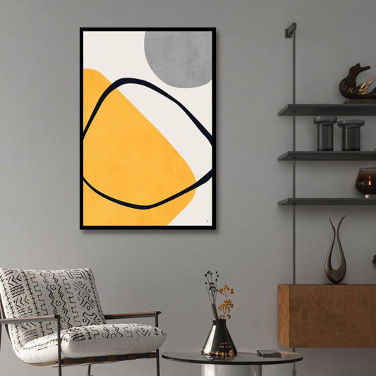 Contemporary Geometric Abstract Oil Painting in Yellow, Gray, and Black