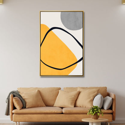 Contemporary Geometric Abstract Oil Painting in Yellow, Gray, and Black