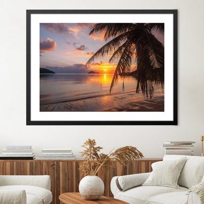 Tropical Sunset Oil Painting - Serene Beach Escape with Palm Trees and Vibrant Colors