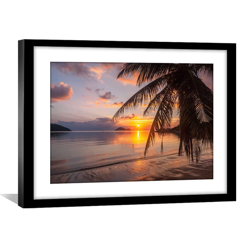 Tropical Sunset Oil Painting - Serene Beach Escape with Palm Trees and Vibrant Colors