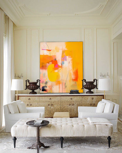 Vibrant Abstract Oil Painting in Bold Yellow and Pink Hues for Modern Decor