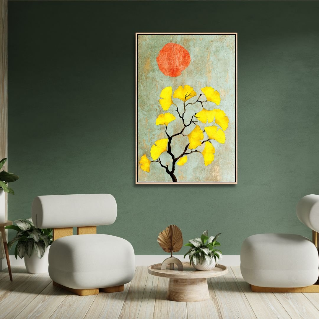 Abstract Ginkgo Biloba with Sun: Vibrant Yellow Leaves Oil Painting