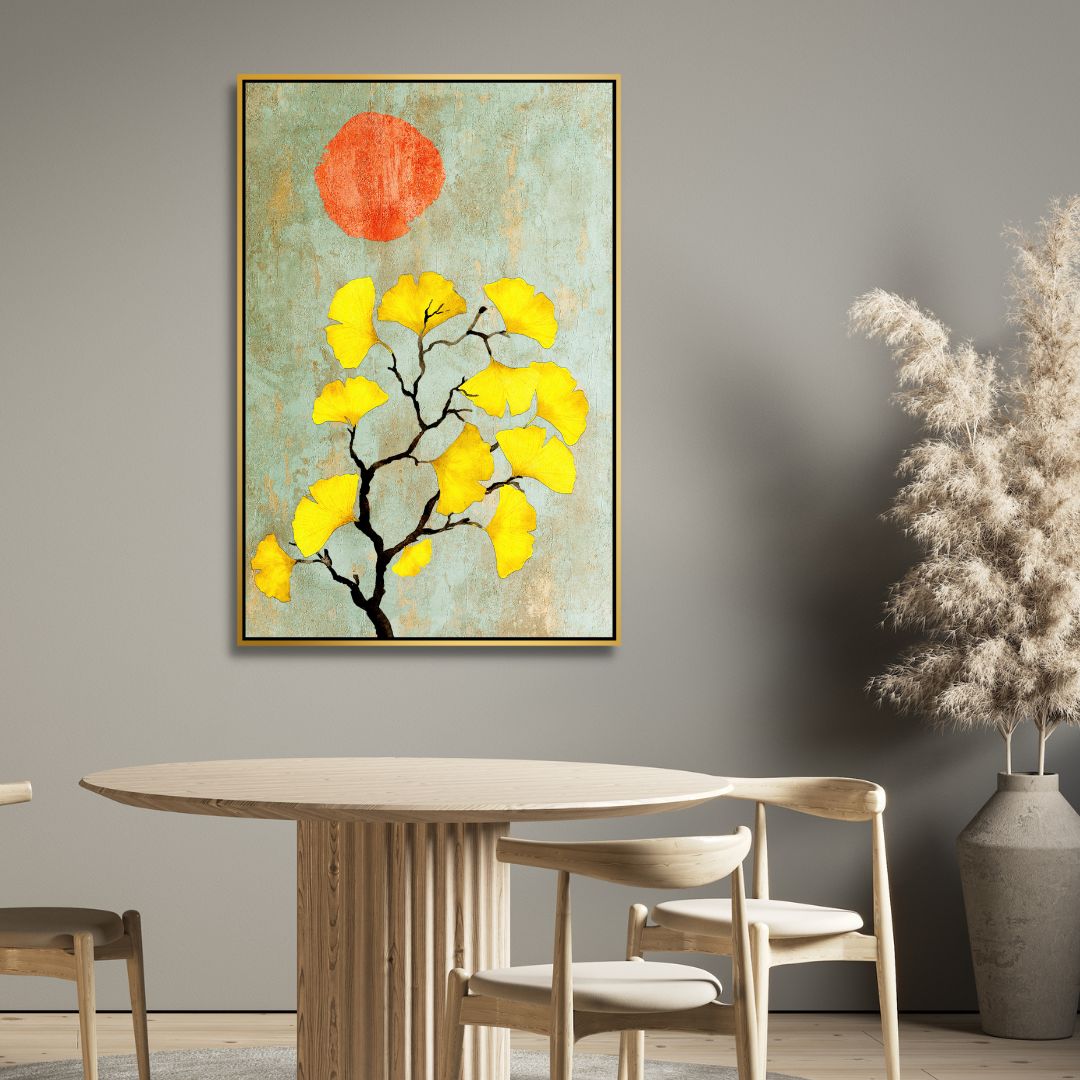 Abstract Ginkgo Biloba with Sun: Vibrant Yellow Leaves Oil Painting