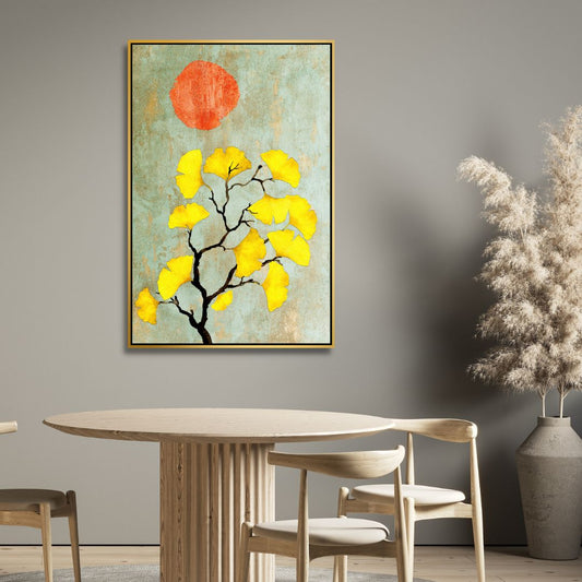 Abstract Ginkgo Biloba with Sun: Vibrant Yellow Leaves Oil Painting