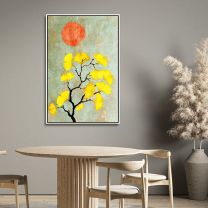 Abstract Ginkgo Biloba with Sun: Vibrant Yellow Leaves Oil Painting