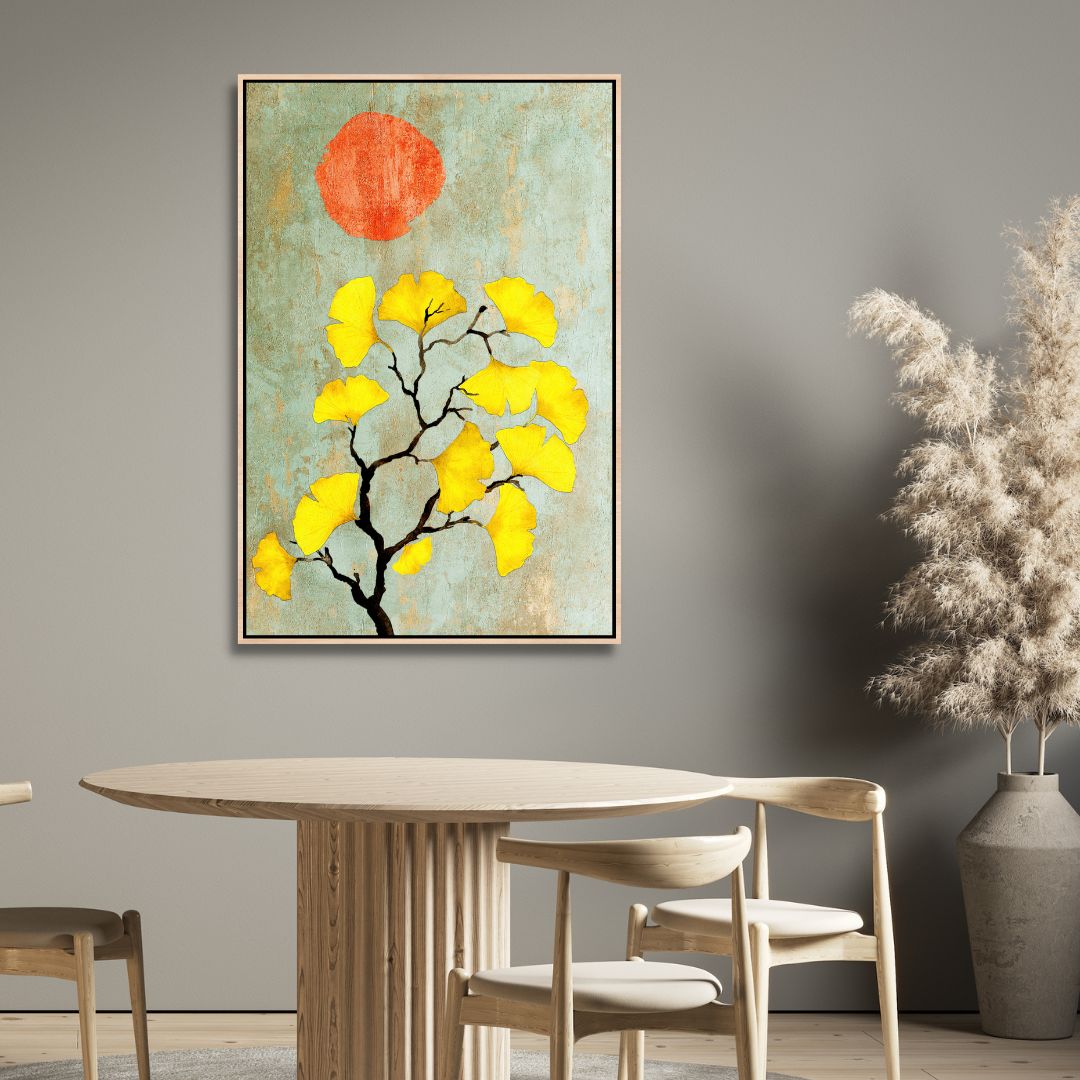 Abstract Ginkgo Biloba with Sun: Vibrant Yellow Leaves Oil Painting