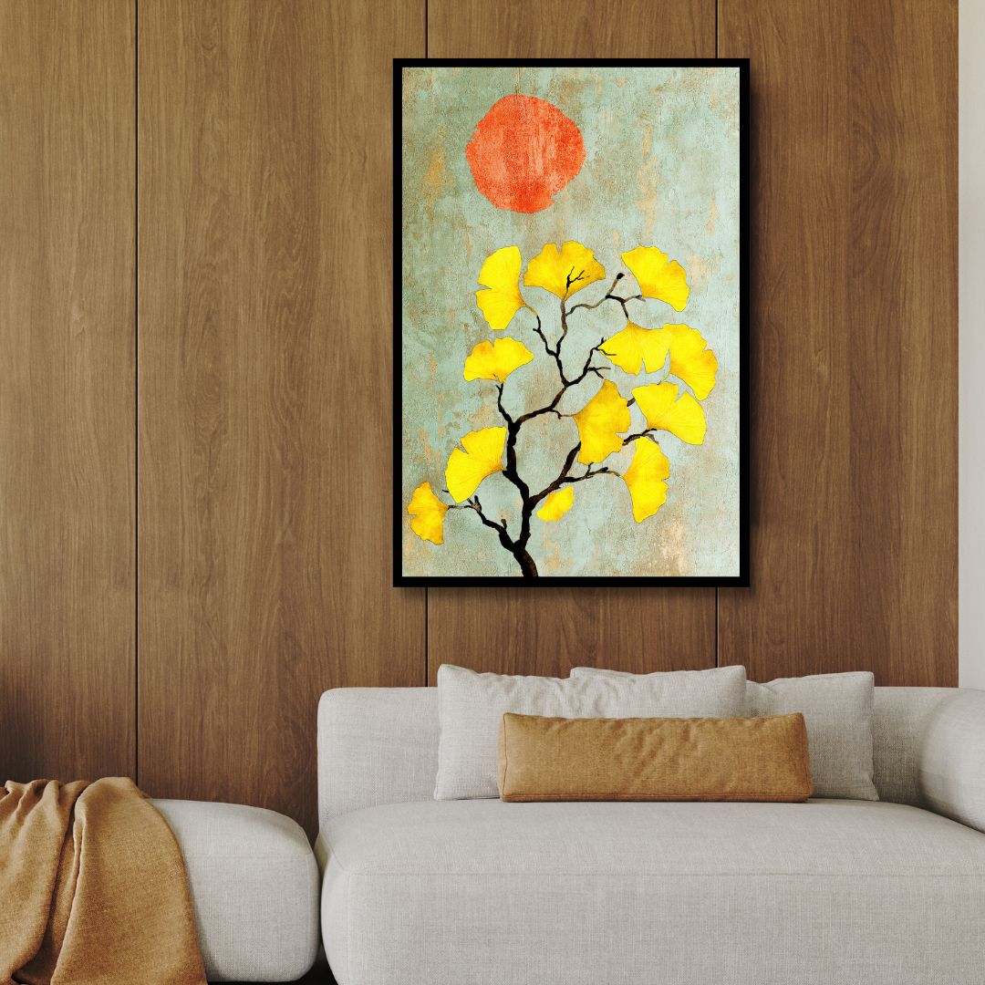 Abstract Ginkgo Biloba with Sun: Vibrant Yellow Leaves Oil Painting