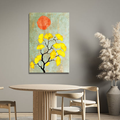 Abstract Ginkgo Biloba with Sun: Vibrant Yellow Leaves Oil Painting
