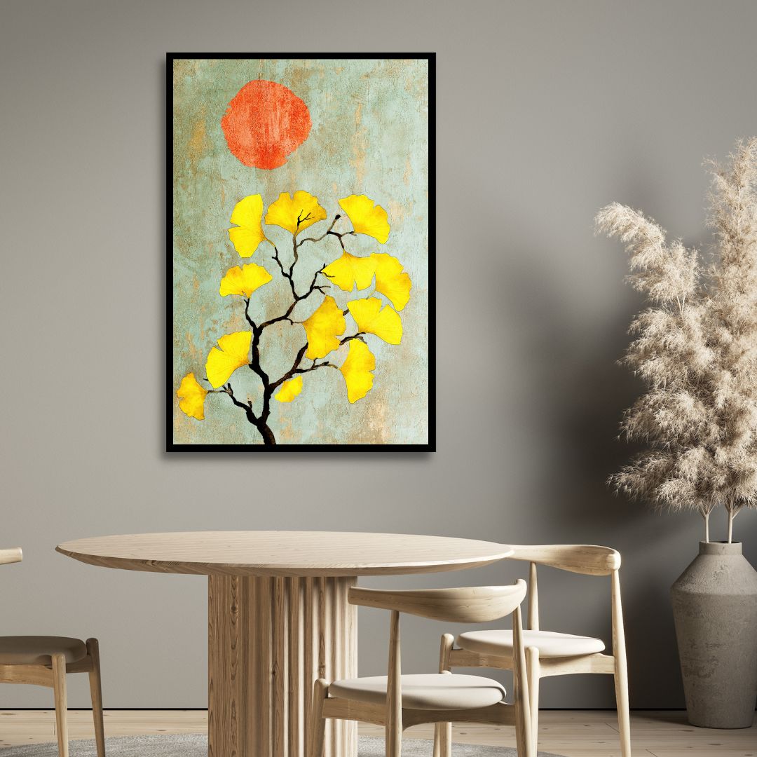 Abstract Ginkgo Biloba with Sun: Vibrant Yellow Leaves Oil Painting
