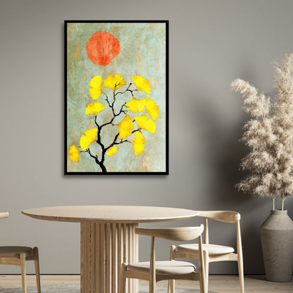 Abstract Ginkgo Biloba with Sun: Vibrant Yellow Leaves Oil Painting