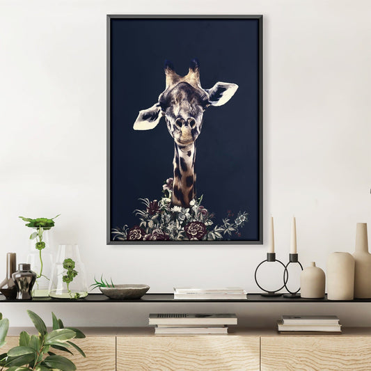 Elegant Giraffe Oil Painting with Floral Accents for Modern Home Decor