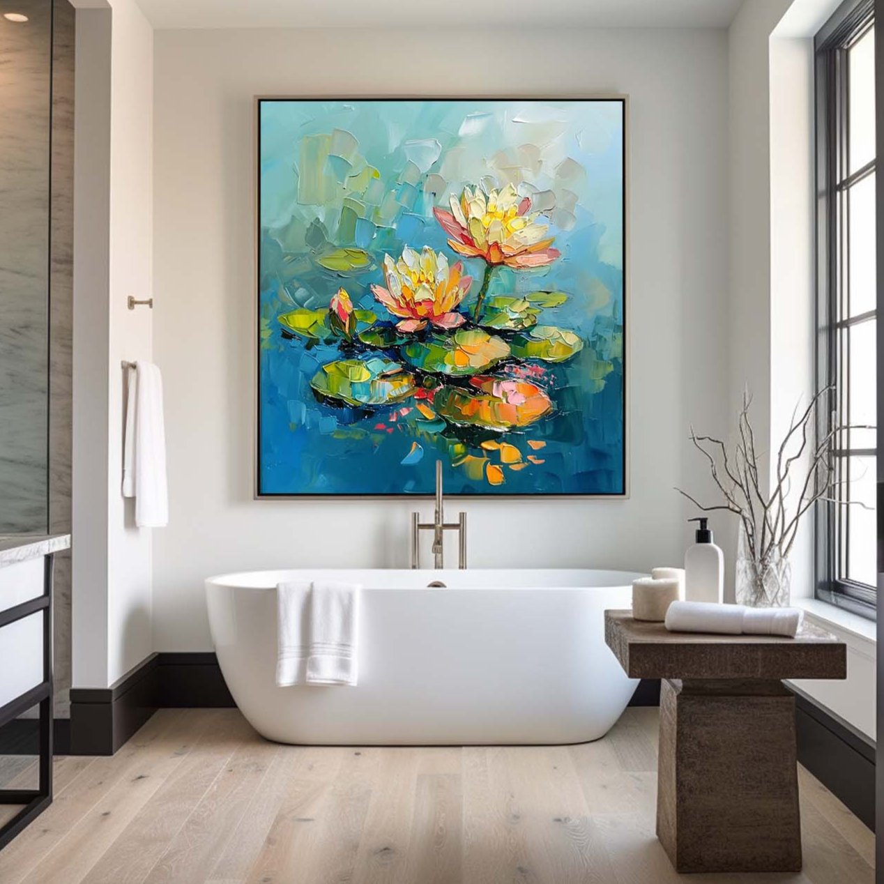 Vibrant Lotus Flowers Oil Painting on Blue Water – Modern Abstract Art Piece