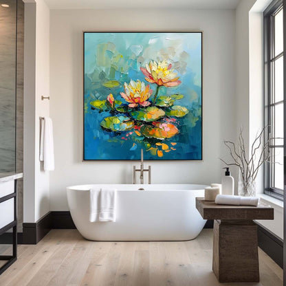 Vibrant Lotus Flowers Oil Painting on Blue Water – Modern Abstract Art Piece