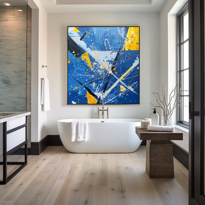 Vibrant Abstract Ocean Waves Oil Painting with Energetic Blue and Yellow Colors
