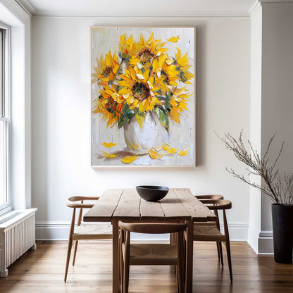 Vibrant Sunflower Bouquet in White Vase | Original Oil Painting Decor