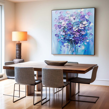Vibrant Floral Abstract Oil Painting in Blue and Purple Tones for Modern Decor
