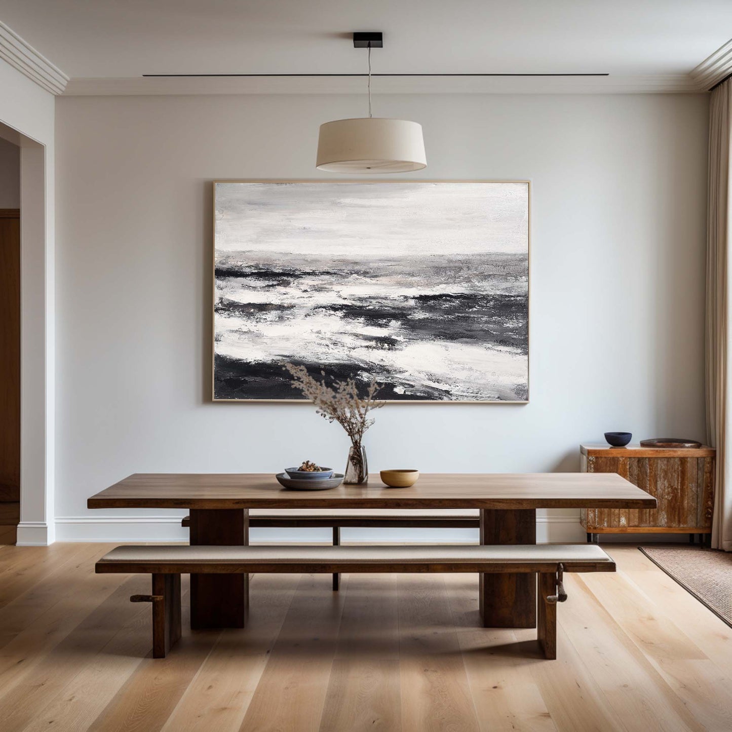 Monochrome Coastal Serenity: Abstract Black and White Beach Oil Painting
