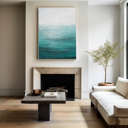 Tranquil Ocean Waves Oil Painting in Serene Blue and White Tones for Coastal Decor