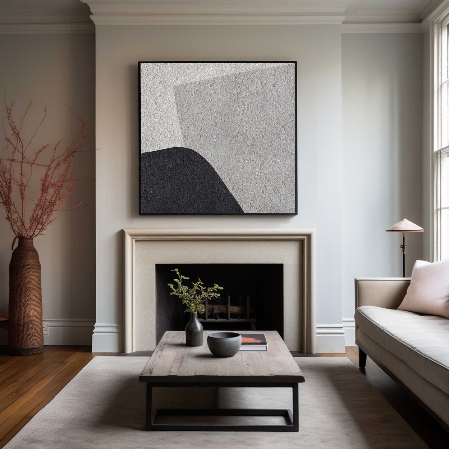 Monochrome Minimalist Oil Painting | Modern Black, White, and Grey Abstract Art for Home Decor