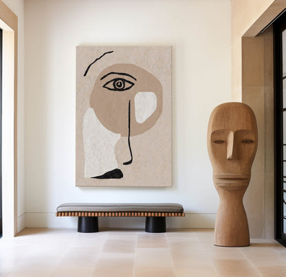 Contemporary Beige Abstract Face Art for Modern Home Decor
