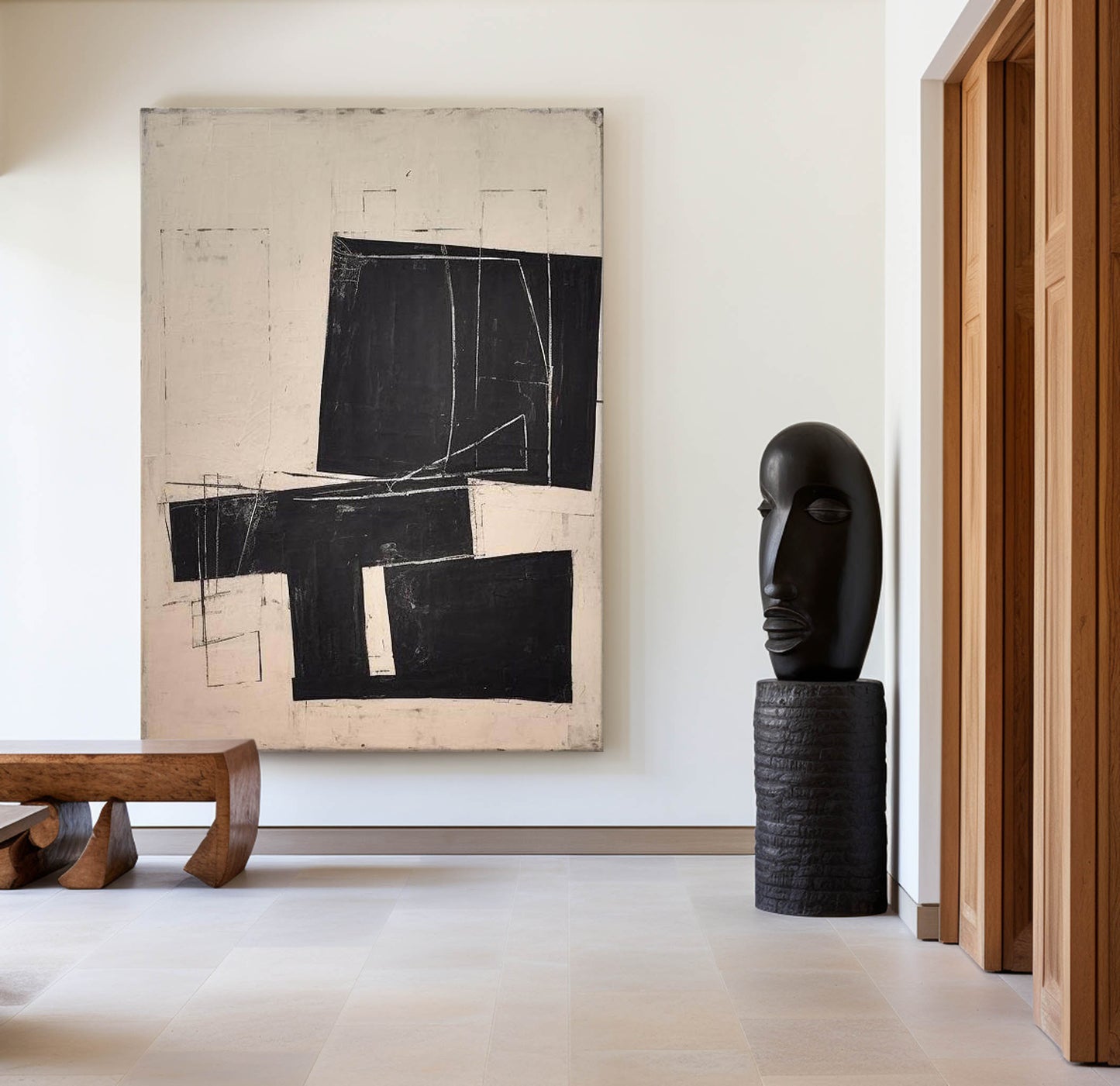 Contemporary Minimalist Black and White Abstract Oil Painting for Modern Homes