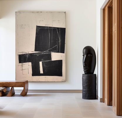 Contemporary Minimalist Black and White Abstract Oil Painting for Modern Homes