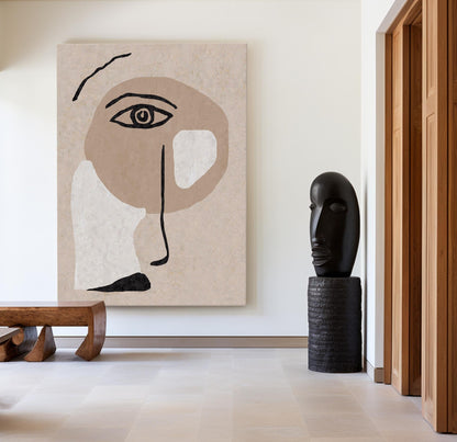Contemporary Beige Abstract Face Art for Modern Home Decor