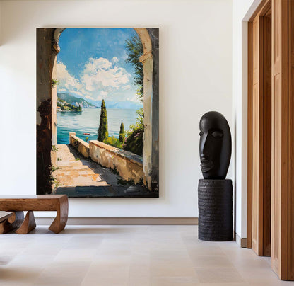 Picturesque Ocean View: Vibrant Oil Painting of Serene Lake and Nature