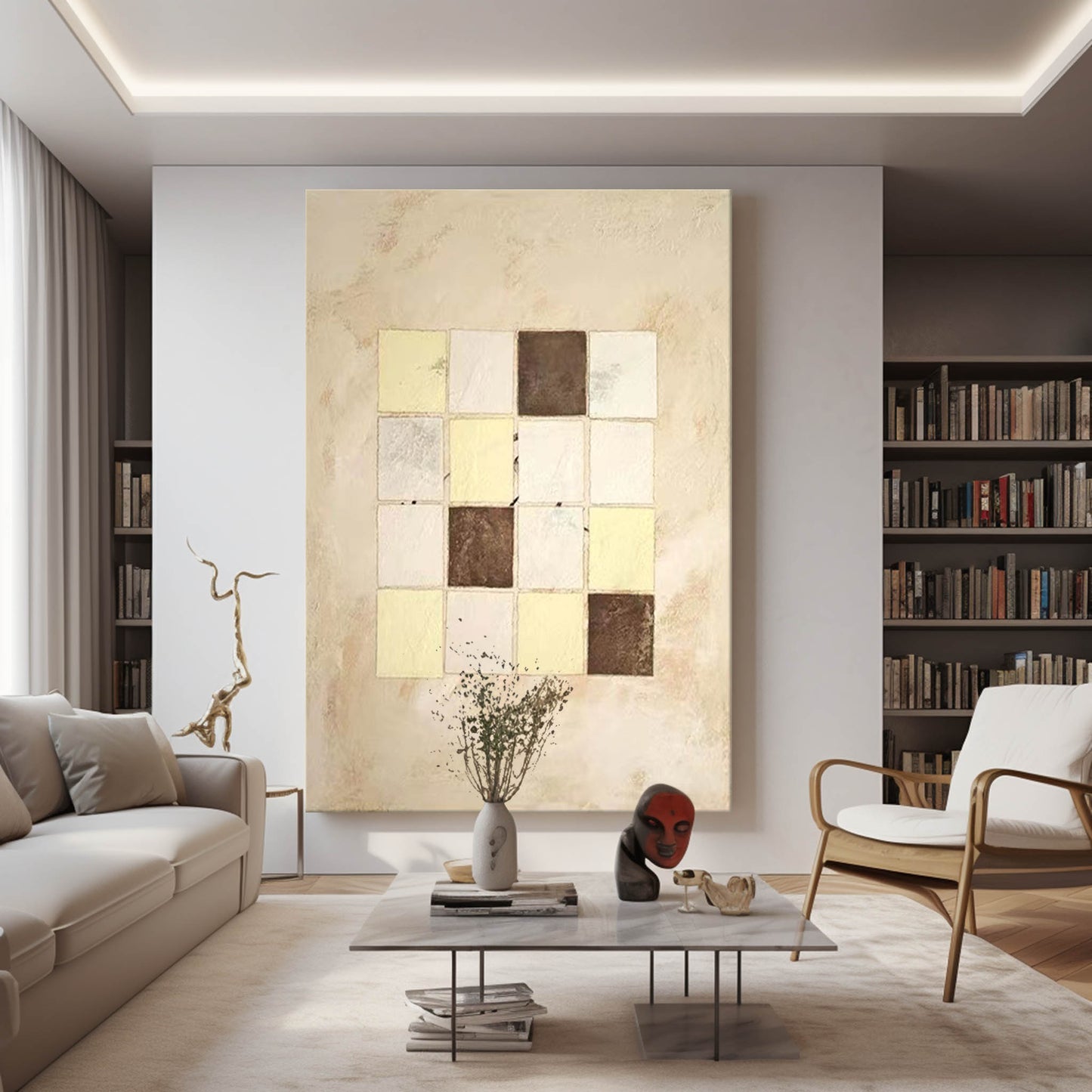 Elegant Beige Geometric Abstract Oil Painting for Modern Home Decor