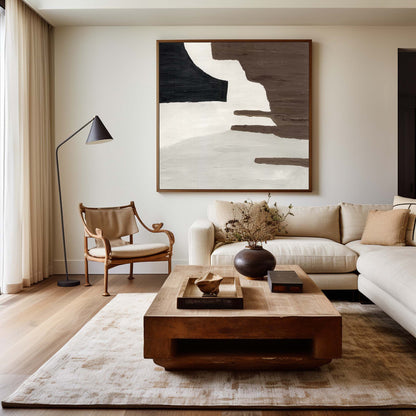 Contemporary Brown and White Geometric Abstract Oil Painting for Modern Decor