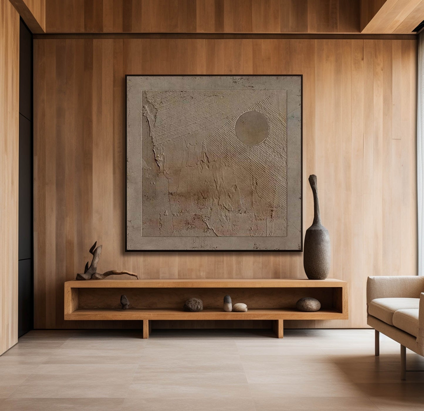 Serene Wabi-Sabi Abstract Oil Painting for Minimalist Home Decor