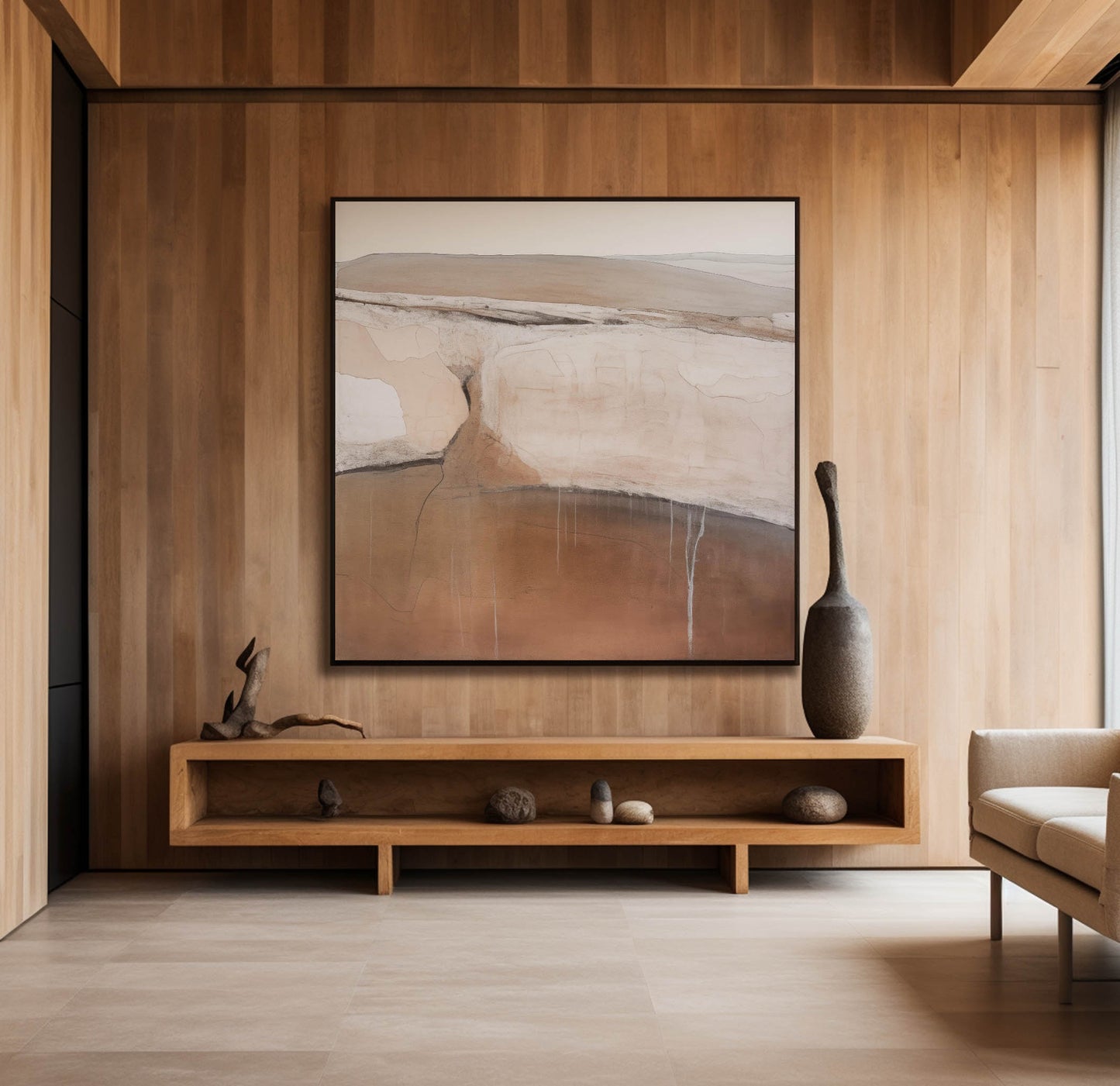 Contemporary Beige and Brown Abstract Oil Painting for Modern Home Decor