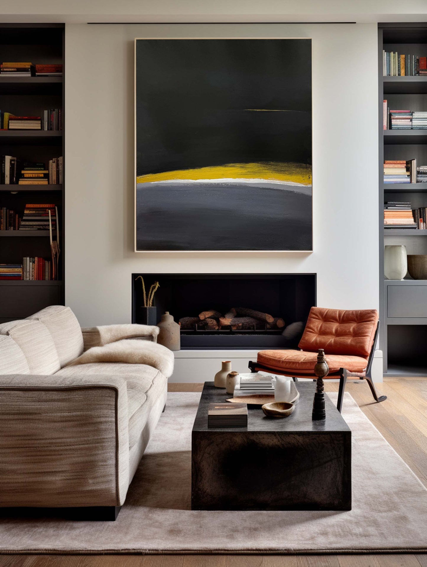 Contemporary Black and Yellow Abstract Oil Painting for Modern Interiors