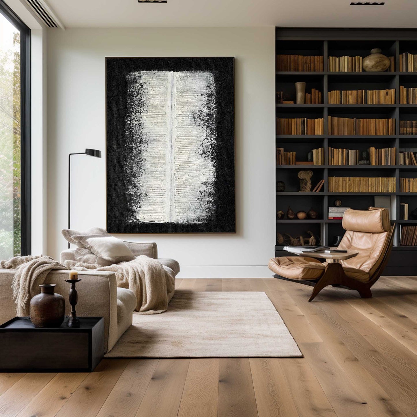 Contemporary Minimalist Black and White Oil Painting for Modern Decor