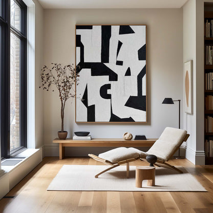 Black and White Modern Abstract Oil Painting for Contemporary Home Decor