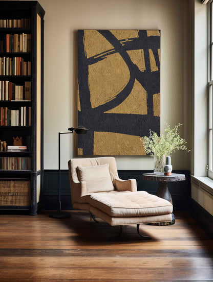 Gold and Black Abstract Minimalist Oil Painting for Modern Home Decor
