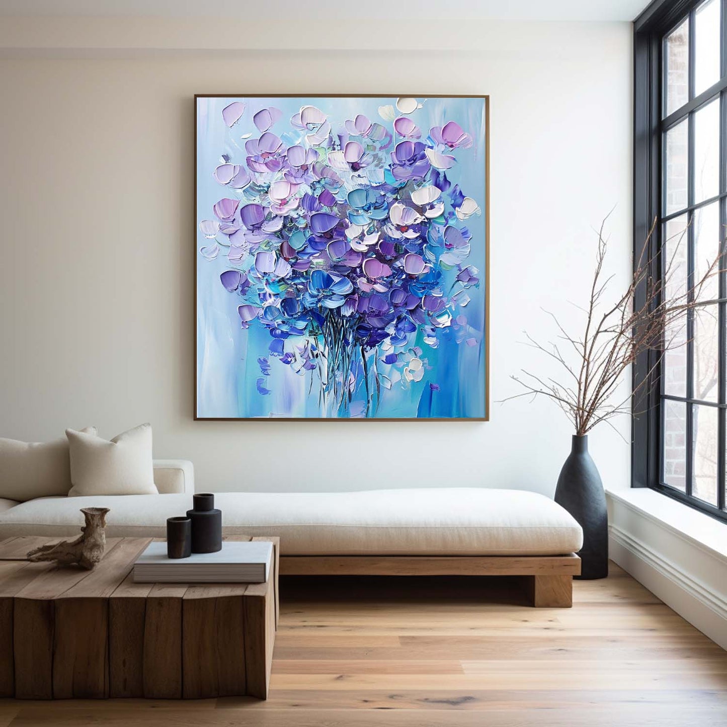 Vibrant Floral Abstract Oil Painting in Blue and Purple Tones for Modern Decor