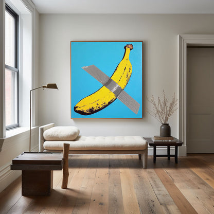 Colorful Banana Abstract Artwork with Tape on Vibrant Blue Canvas