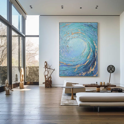 Dynamic Ocean Wave Oil Painting with Turquoise and Gold Accents