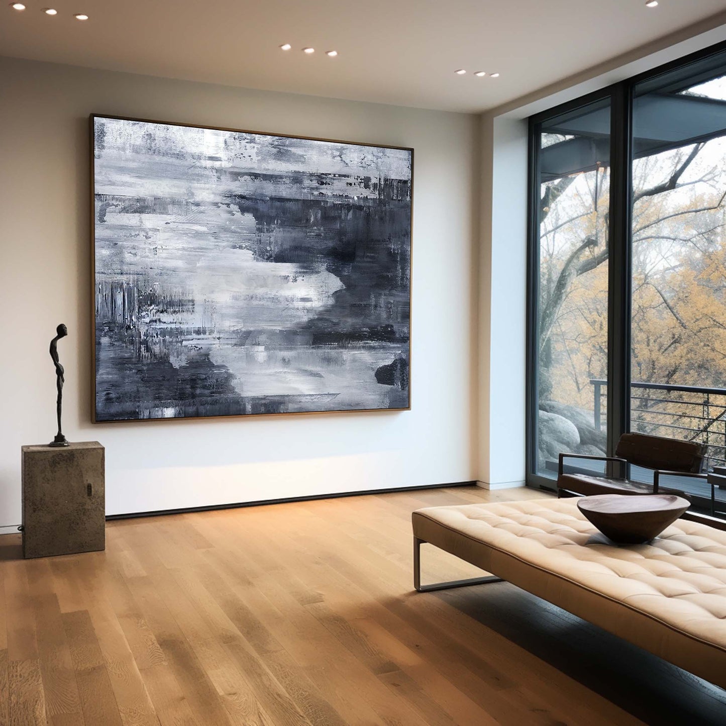 Serene Deep Blue Abstract Coastal Oil Painting for Modern Home Decor