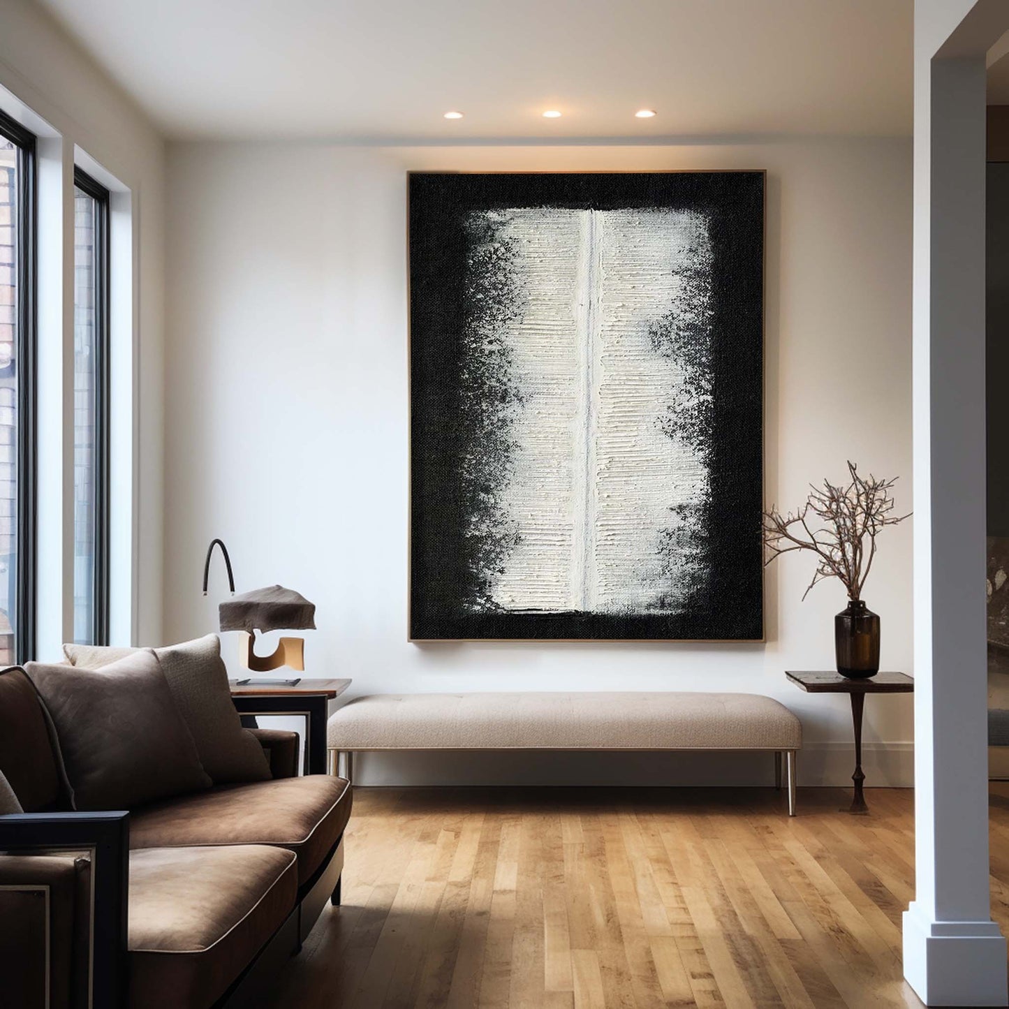 Contemporary Minimalist Black and White Oil Painting for Modern Decor