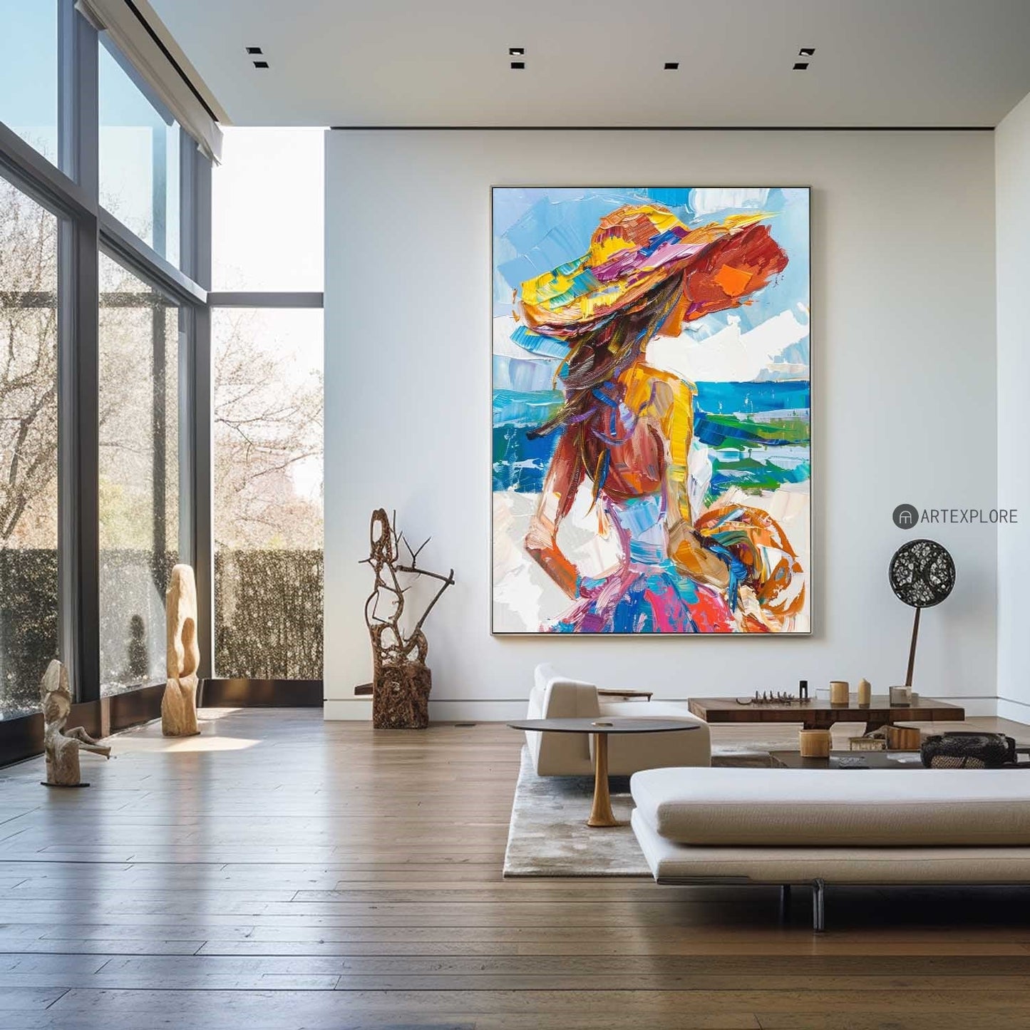Vibrant Coastal Woman in Hat | Colorful Abstract Oil Painting for Modern Decor