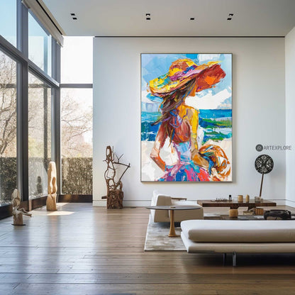 Vibrant Coastal Woman in Hat | Colorful Abstract Oil Painting for Modern Decor