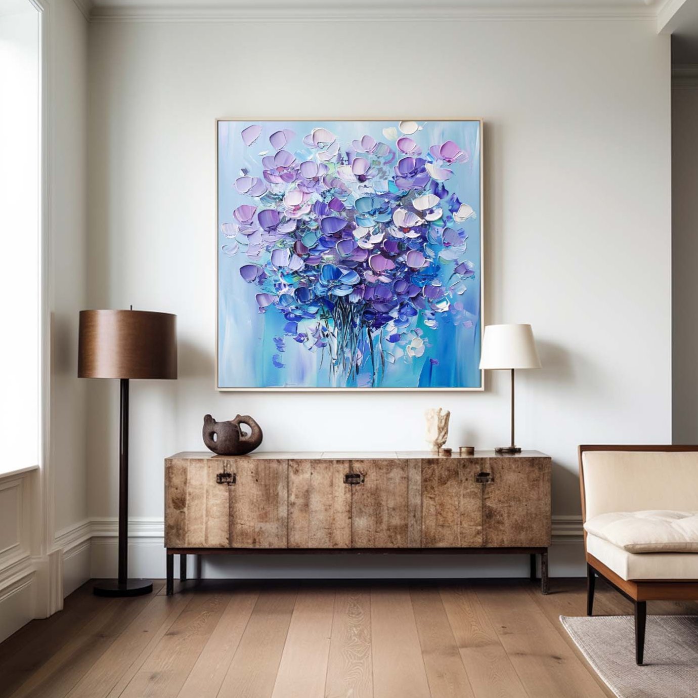 Vibrant Floral Abstract Oil Painting in Blue and Purple Tones for Modern Decor